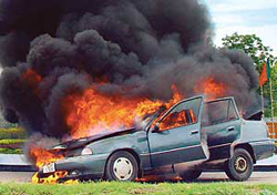 Five minutes after Deputy Prime Minister L.K. Advani left this road, a car burst into flames near Hallo Majra on the Chandigarh-Zirakpur national highway on Friday.