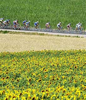 Riders of the Tour de France cycling race make their way