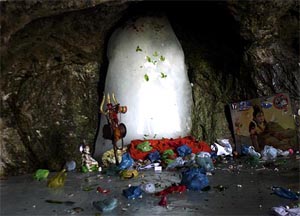 The holy ice lingam at the cave shrine in Amarnath