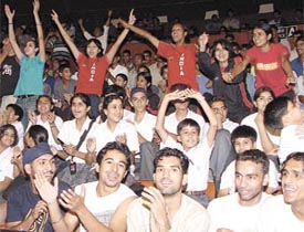 Indian supporters during a basket ball match between India and Uzbekistan in the round-robin league at the Talkatora Indoor Stadium 
