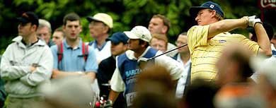 South African golfer Ernie Els drives from the 17th tee on the third day of the Scottish Open