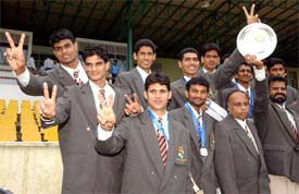 The Indian volleyball U-19 team at a felicitation function organised by the Sports Authority of India 