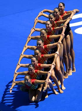 Swiss synchronised swimming team performs during the final of the free combination at the World Swimming championships