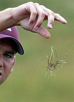 Spain's Sergio Garcia checks the direction of the wind by dropping grass 