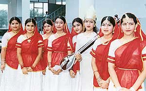 Students of BCM Arya Model Senior Secondary School, Shastri Nagar, Ludhiana, prepare for Sarswati Vandana they presented on topper's day held on Saturday