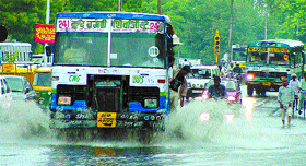 Waterlogging at BSZ Marg after the heavy shower in the Capital on Sunday.