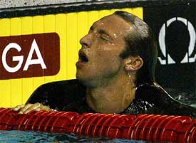 Australia�s Olympic and world champion Ian Thorpe reacts after winning his 400 metre freestyle heat at the 10th World Swimming Championships