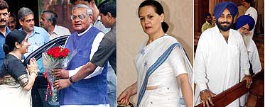 Prime Minister Atal Bihari Vajpayee is greeted by Parliamentary Affairs Minister Sushma Swaraj; Mrs Sonia Gandhi arrives and Shiromani Akali Dal MP Sukhbir Badal is all smiles