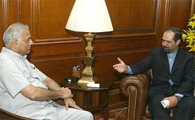 Indian Foreign Minister Yashwant Sinha listens to the visiting Iranian Deputy Foreign Minister Mohsen Aminzadeh