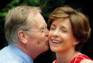 British author Jeffrey Archer is greeted by his wife Mary after his release from Hollesley Bay Prison