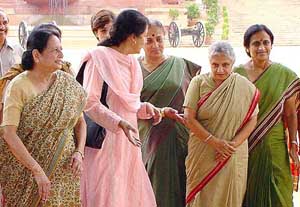 All-India Mahila Congress President Rita Bahuguna Joashi, who led a women�s delegation of her party, including Sheila Dikshit, Margaret Alva, Ambica Soni, Mohsina Kidwai, coming out from Rashtrapati Bhavan after meeting Dr A.P.J. Abdul Kalam 