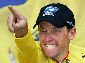 US Postal team rider Lance Armstrong celebrates after winning the 159.5 km fifteenth stage of the Tour de France cycling race 