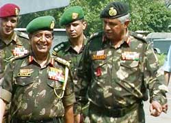 The Chief of Army Staff, Gen N. C. Vij, with Lt-Gen T.P.S. Brar of 16-Corps who received minor injuries in Tuesday’s fidayeen attack, at the Tanda Army camp, near Akhnoor, on Wednesday.