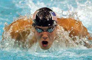 Michael Phelps of the US in action in the 200 metre butterfly semifinal event 