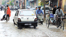 Life goes on despite waterlogging at Rajan Babu Road, Adarsh Nagar in the Capital on Thursday.