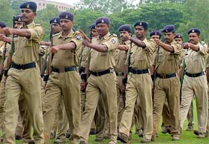 Policeman march at a rehearsal for the upcoming Independence Day