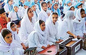 Students present a shabad during the birth anniversary function of Sri Guru Harkishan at Sri Guru Harkishan Public School, Sector 40, Chandigarh