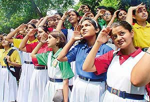 Students of Moti Ram Arya School, Panchkula, on a cloud-watching exercise at Commonwealth Youth Programme Asia Centre, Sector 12, Chandigarh