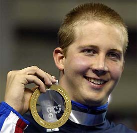 US swimmer Ian Crocker shows his gold medal