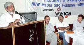 Doordarshan anchor Rahul Dev speaks at a seminar on "The new media --- deciphering tomorrow" 