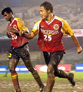 East Bengal's Bijen Singh gestures after scoring his second goal