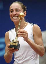 Anna Pistolesi of Israel displays the winners trophy after she beat Klara Koukalova of the Czech Republic in the final match of the Prokom Open Tennis tournament
