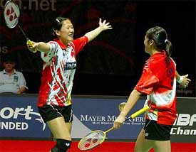 China's Gao Ling and Huang Sui celebrate their victory over compatriot Wei Yili and Zhao Tingting 