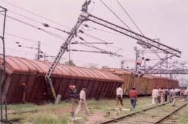 Derailed wagons of a foodgrains train at Ludhiana railway station on Tuesday