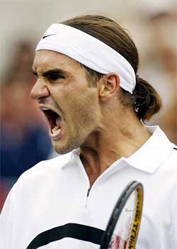 Switzerland�s Roger Federer celebrates his first round win over Argentina�s Gaston Gaudio at the Tennis Masters Canada series