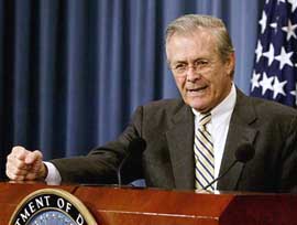 US Defense Secretary Donald Rumsfeld  addresses a Pres conference during his daily briefing at the Pentagon