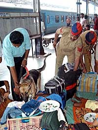 The police along with a sniffer dog check luggage of passengers at the Amritsar railway station