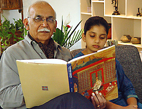 Dr B N Goswamy and his granddaughter Damini browsing through his book on Indian costumes that is considered a �Bible� by many top designers.