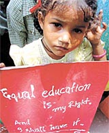 A girl protestor at the march, organised by NAFERA, for the right to education at Jantar Mantar in the Capital on Friday