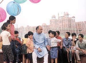 The NEW CHACHA? Union Minister and local MP Vijay Goel with children on the newly laid lawn in front of the Red Fort