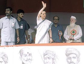 Congress president Sonia Gandhi at a rally to mark the August Kranti Divas in the Capital on Saturday. 