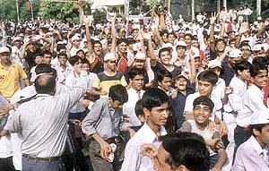 Children throng the starting point for the �Rashtriya Swabhiman Race� held on Saturday to mark the August Kranti Divas.