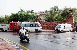 Fire tenders and ambulances being  parked outside the Parliament House after a bomb-hoax call was received on Saturday