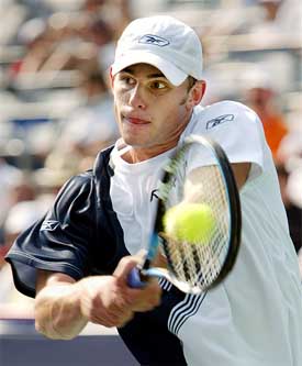 Andy Roddick of the US hits a backhand return during his 7-6, 6-3 quarterfinal victory over Slovakia's Karol Kucera 