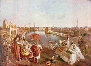 A painting depicting Maharaja Ranjit Singh hearing a recitation of the Guru Granth Sahib close to the Golden Temple