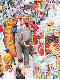 Sadhus of different akharas take out a procession in Nasik on Sunday as part of the one-month-long Kumbh festival.