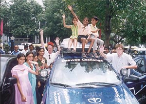 Adventurous English duo Richard Meredith and Philip McNerney with SOS children in the Capital