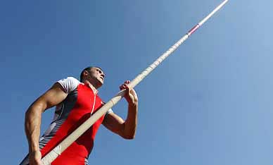 Australia's Dimitri Markov prepares for his jump in the pole vault event