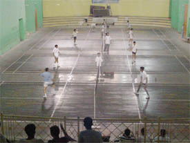 Shuttlers during the trials conducted at the Shastri Hall of Guru Nanak Sports complex