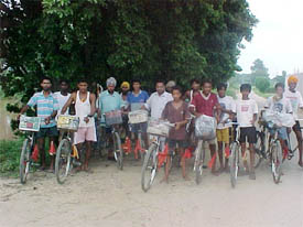 A group of cyclists who pedal their way to Naina Devi temple during Navratras each year