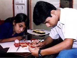 Akash Kumar Gupta, a class-X student, paints an image of Durga on a rice grain as his sister looks on