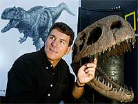 US based palaeontologist Paul Sereno, who identified a new species of dinosaur from bones collected in India, displays the model of an assembled skull of a 67-million-year-old carnivorous predator