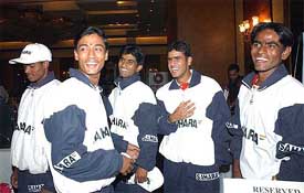 Some of the members of the junior India hockey team, selected for the Eight Nation Challenger tournament in Poland to be held this month, at a function in New Delhi 