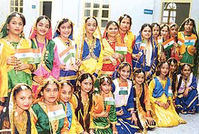 Students of GMT Public School in traditional attire during the Independence Day celebrations at the school in Ludhiana on Friday.