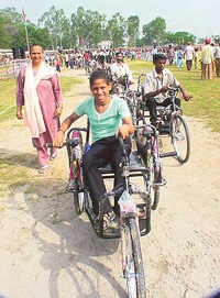Physically challenged children who received tricycles during Independence Day celebrations in Ludhiana on Friday.