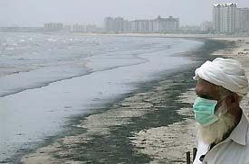 A man looks at the Clifton beach blackened by an oil spill